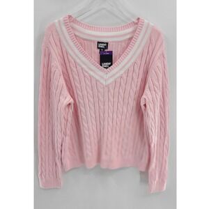 Lands End Pink Cable Knit Preppy V Neck Sweater XL Academia Collegiate